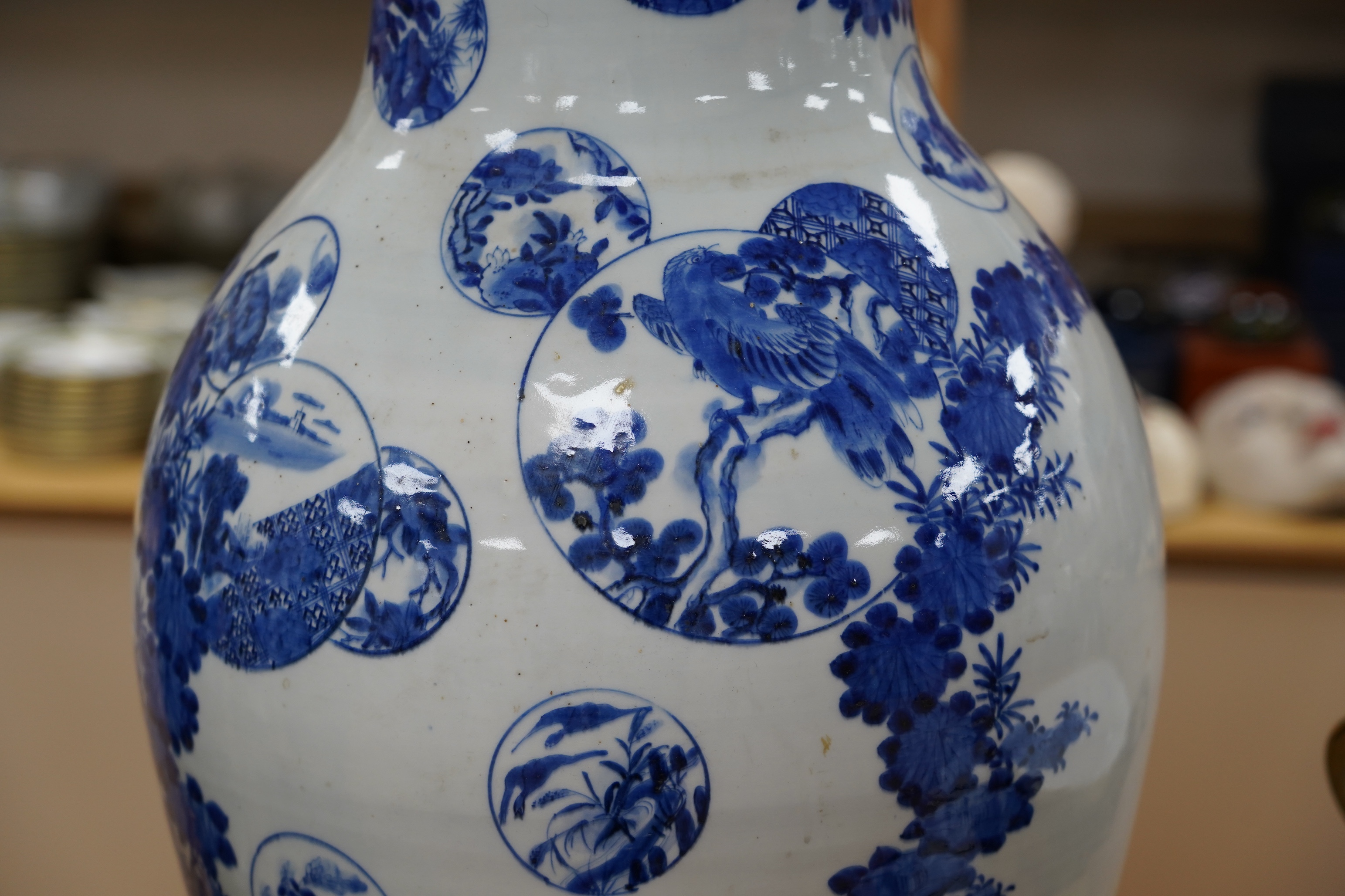 A massive late 19th century Japanese Arita blue and white vase, 79cm (damaged)